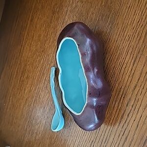 MCM, FUN! Vintage ceramic glazed backed potato condiment dish brown / turquoise